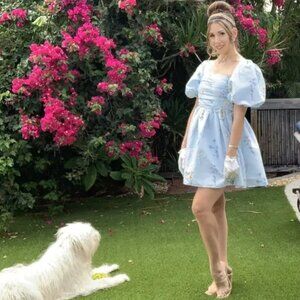 Self-Portrait Watercolor Taffeta Puff Sleeve Mini Dress Fit Flare Blue Floral 6